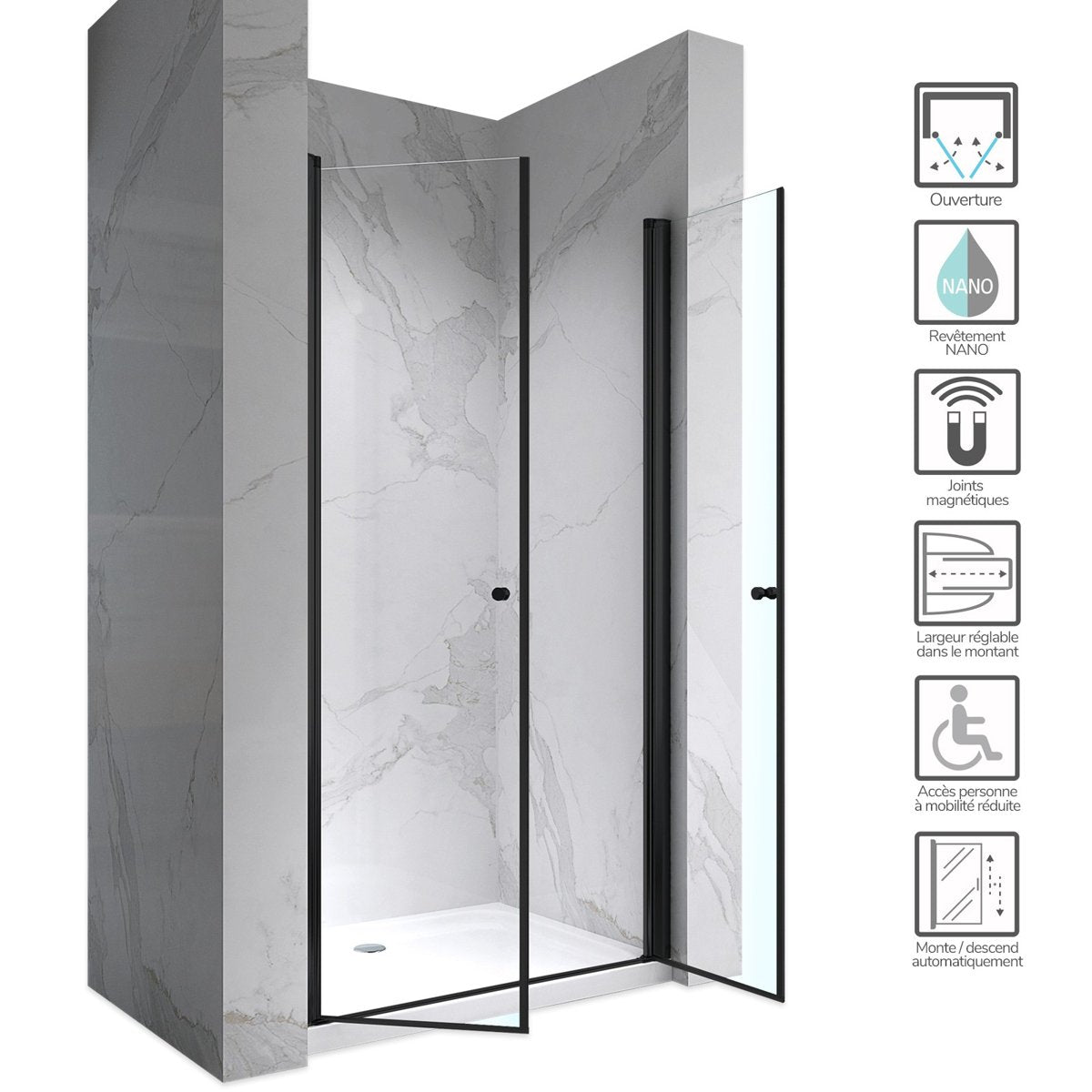 GINA-BLACK Porte de douche battante int/ext H.180 cm, largeur réglable, anticalcaire