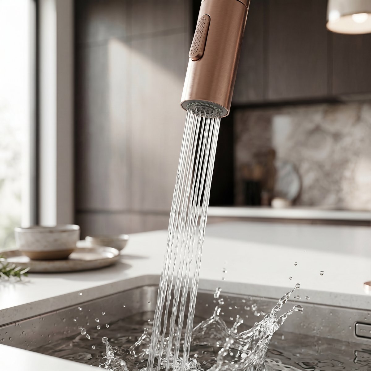 Mitigeur de cuisine avec douchette or rose brossé