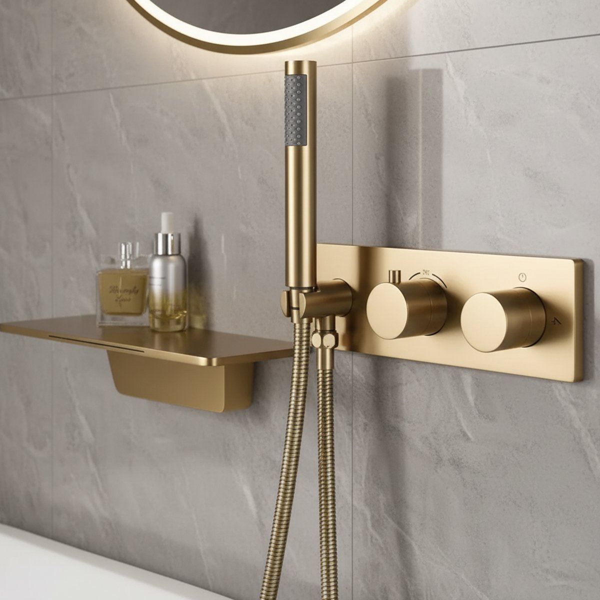 Colonne de douche et bain thermostatique encastrée or brossé