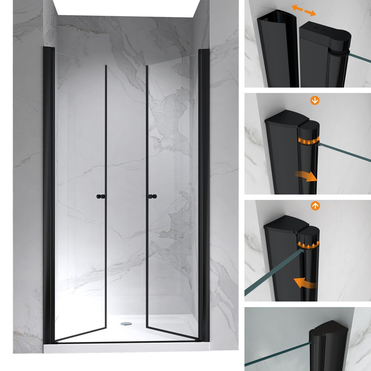 GINA-BLACK Porte de douche battante int/ext H.195 cm, largeur réglable, anticalcaire