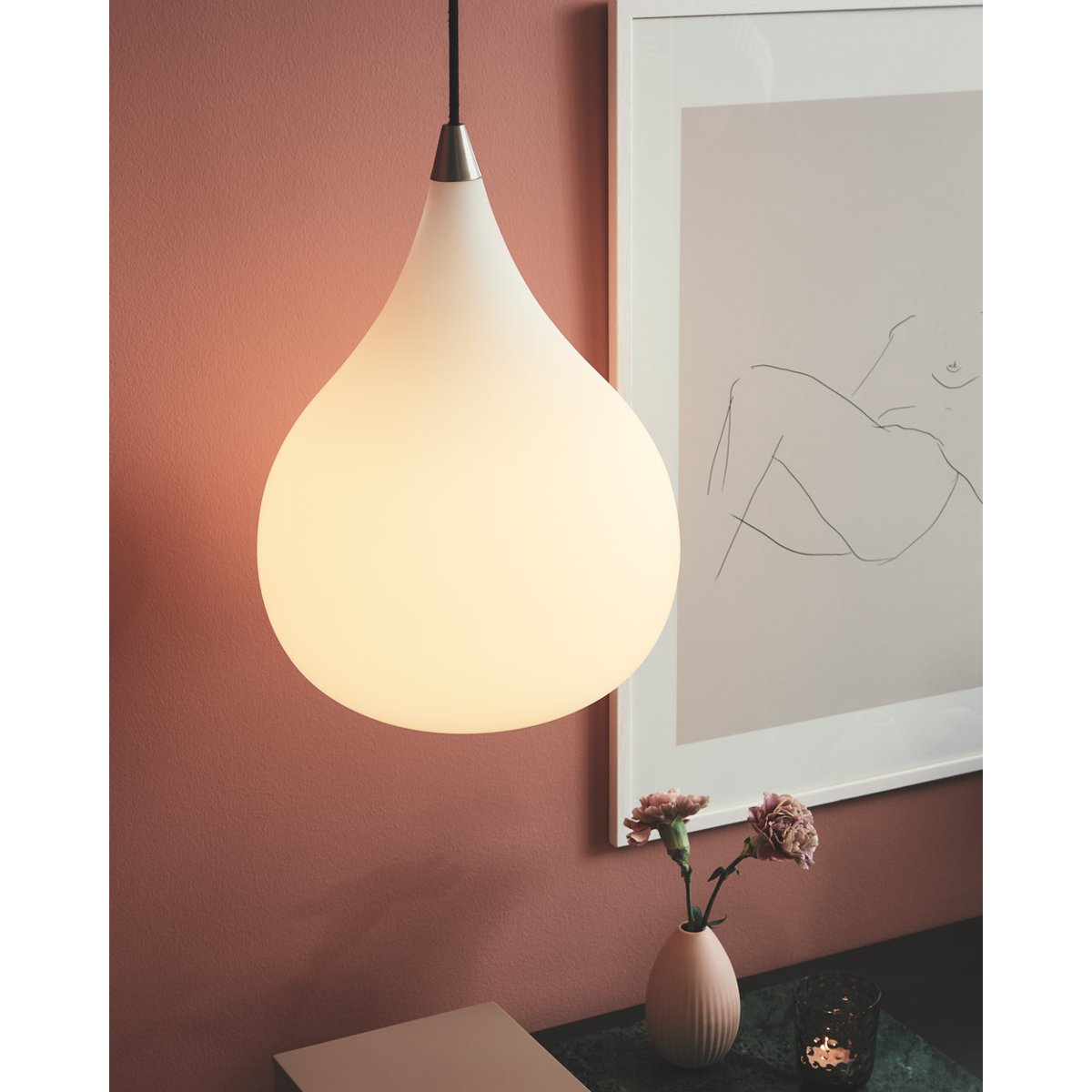 Suspension Drops Ø17 – Verre opale / acier