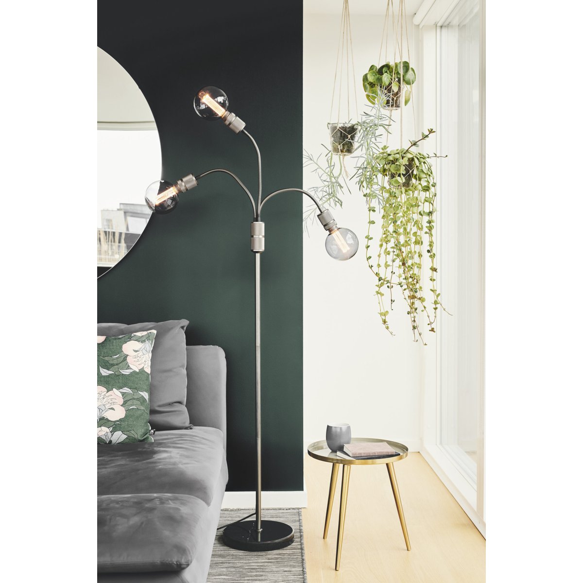 Lampadaire Halo 3 lumières 3 x E27 – Noir canon, pied en marbre