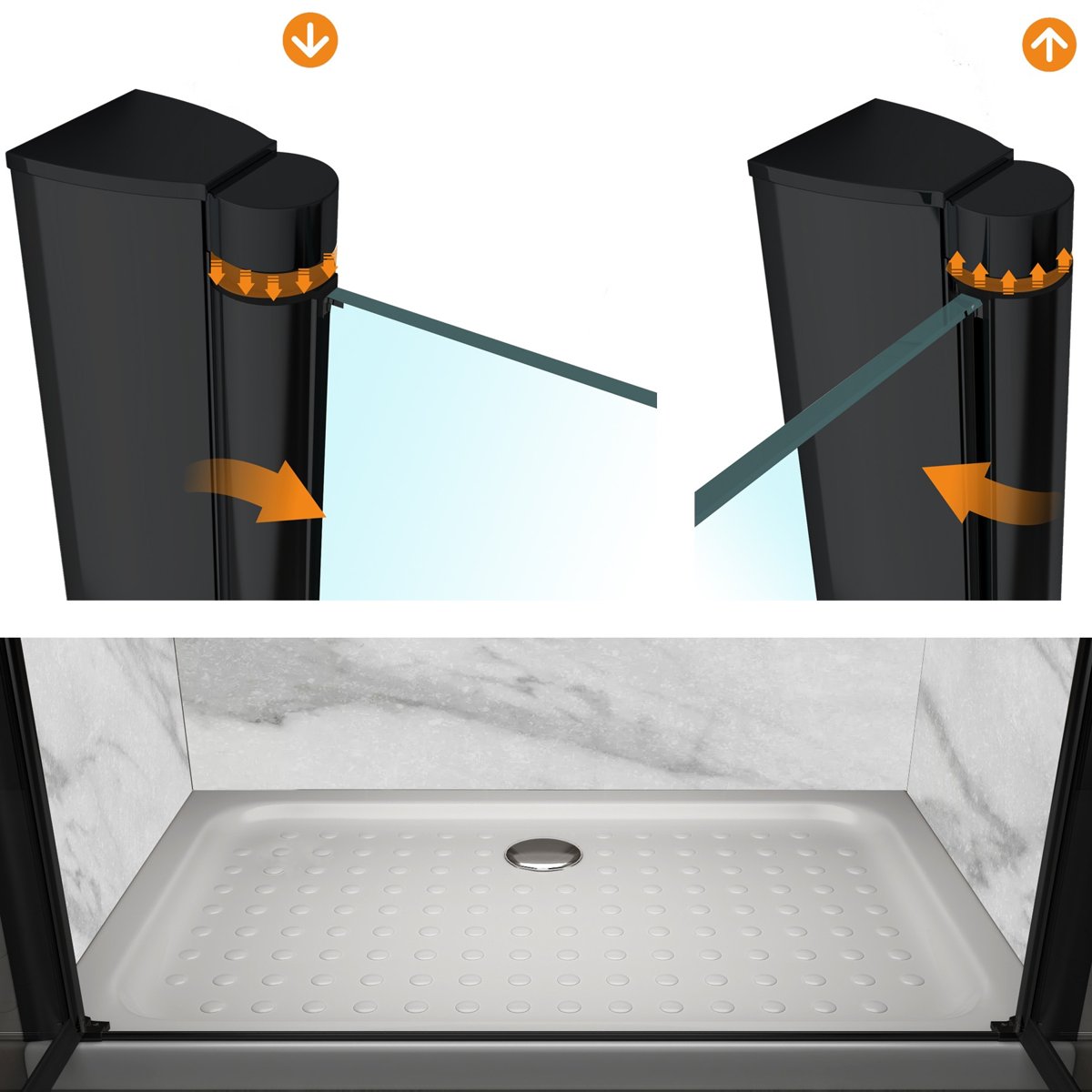GINA-BLACK Porte de douche battante int/ext H.180 cm, largeur réglable, anticalcaire