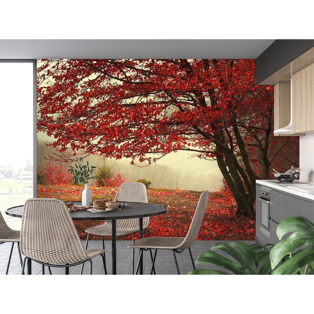 Papier peint panoramique - Arbre Fleurs rouges