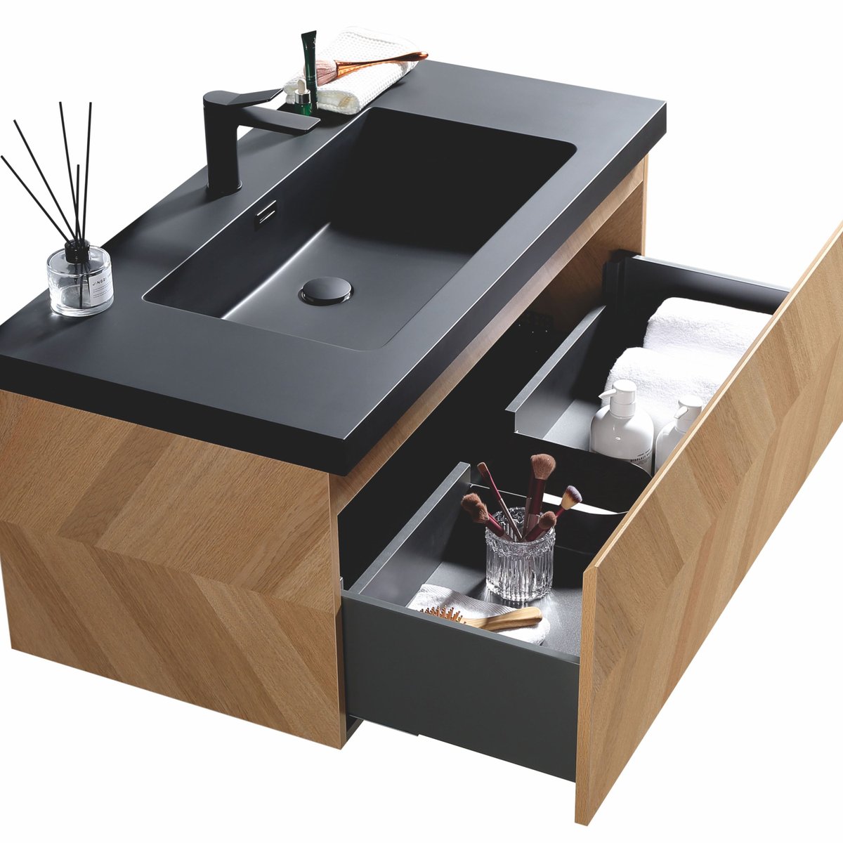 Meuble avec vasque 100 cm chevron aspect chêne Aquapunto