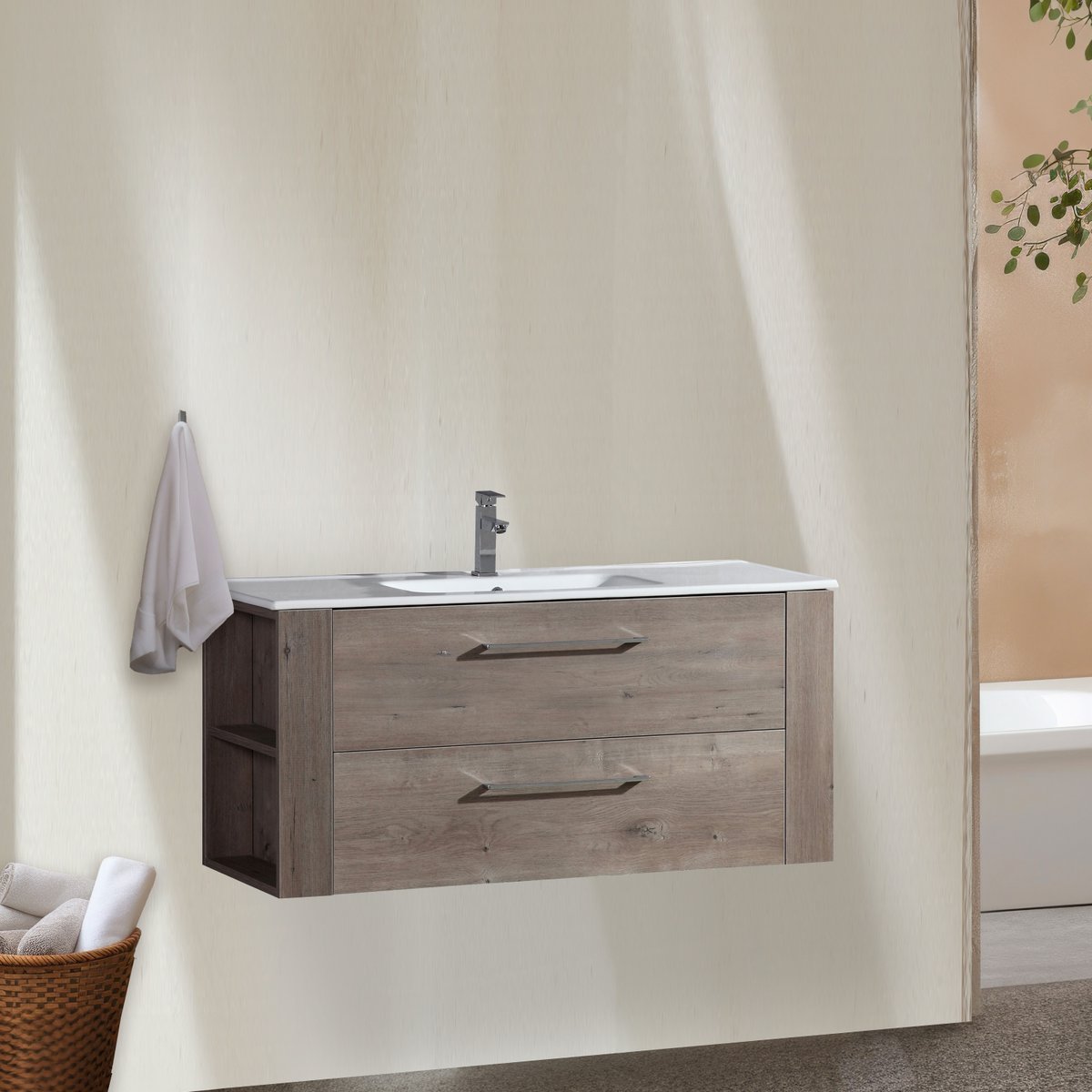 Ensemble meuble salle de bain 100 cm chêne brun Aquanoma