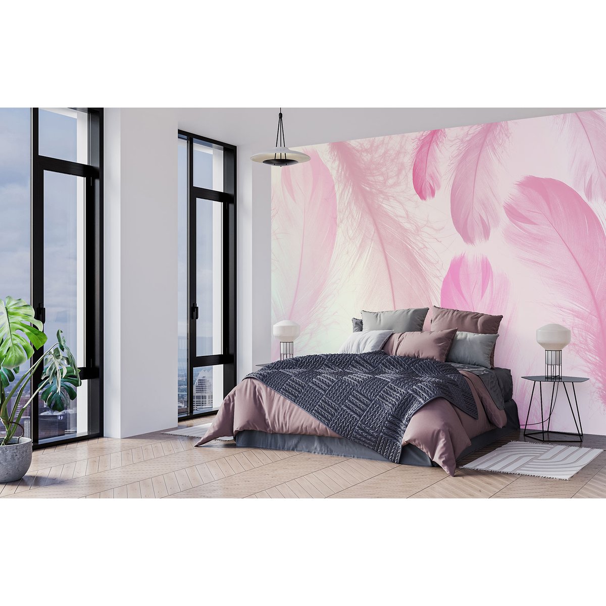 Papier peint panoramique - Plumes roses