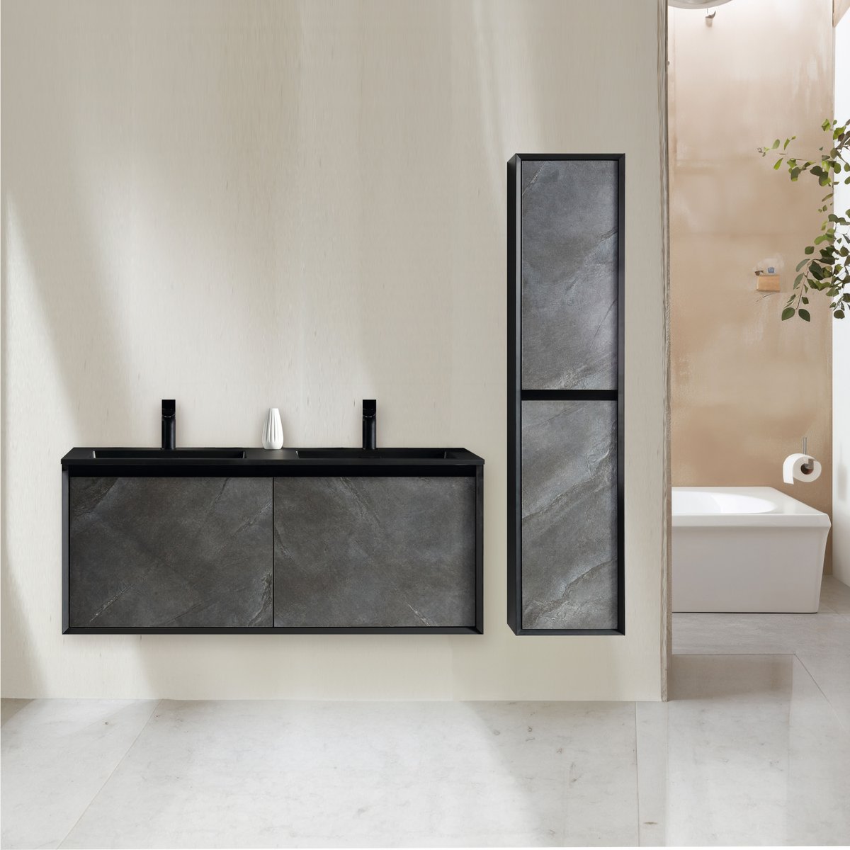 Ensemble salle de bain 120 cm noir effet marbre Aquasasso