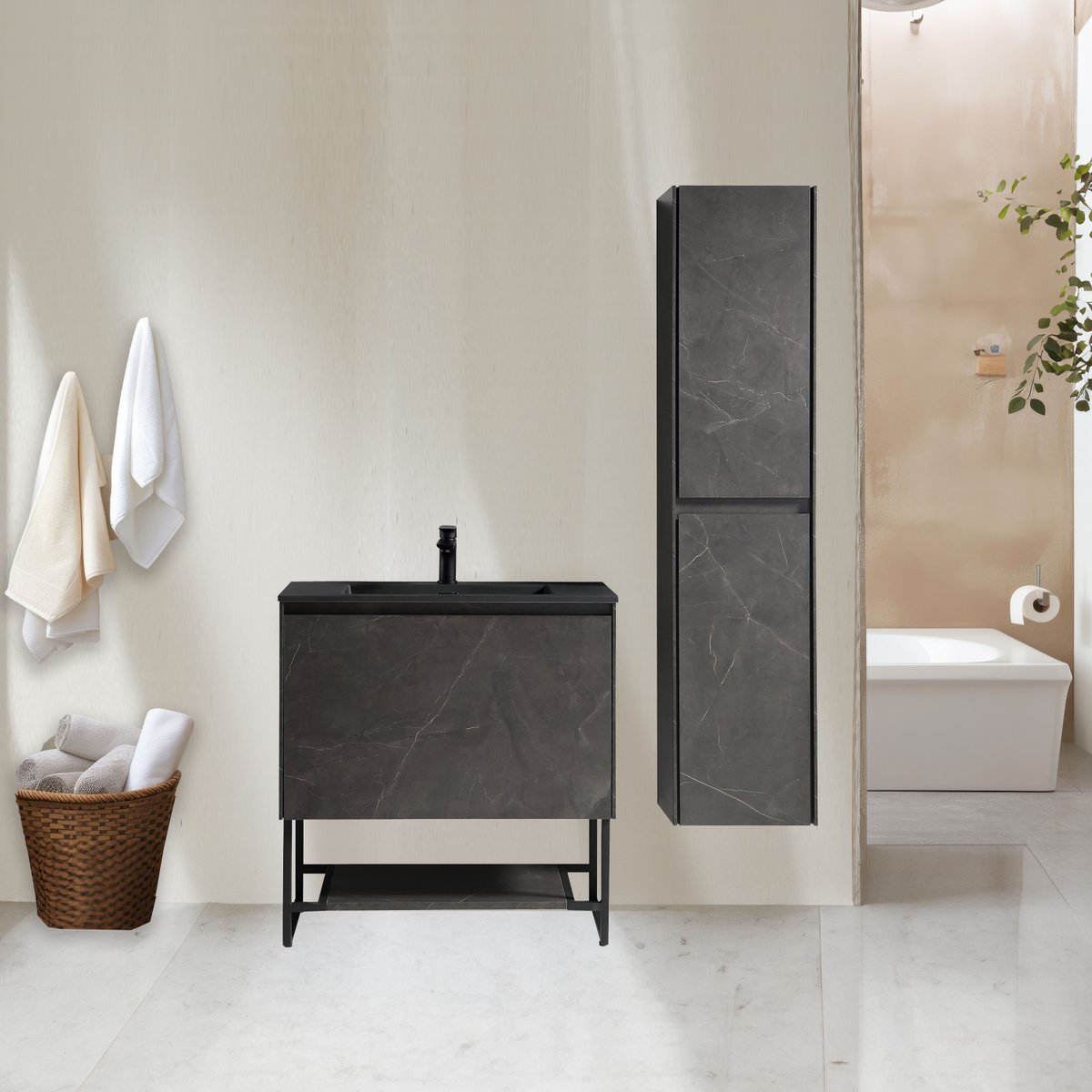 Ensemble meuble salle de bain 90 cm noir effet marbre Aquabella