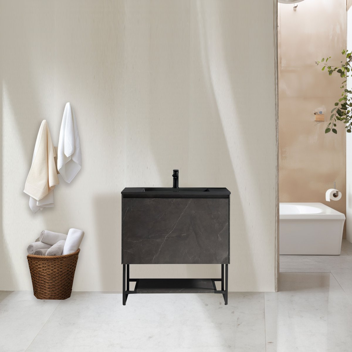 Meuble avec vasque 90 cm noir effet marbre Aquabella