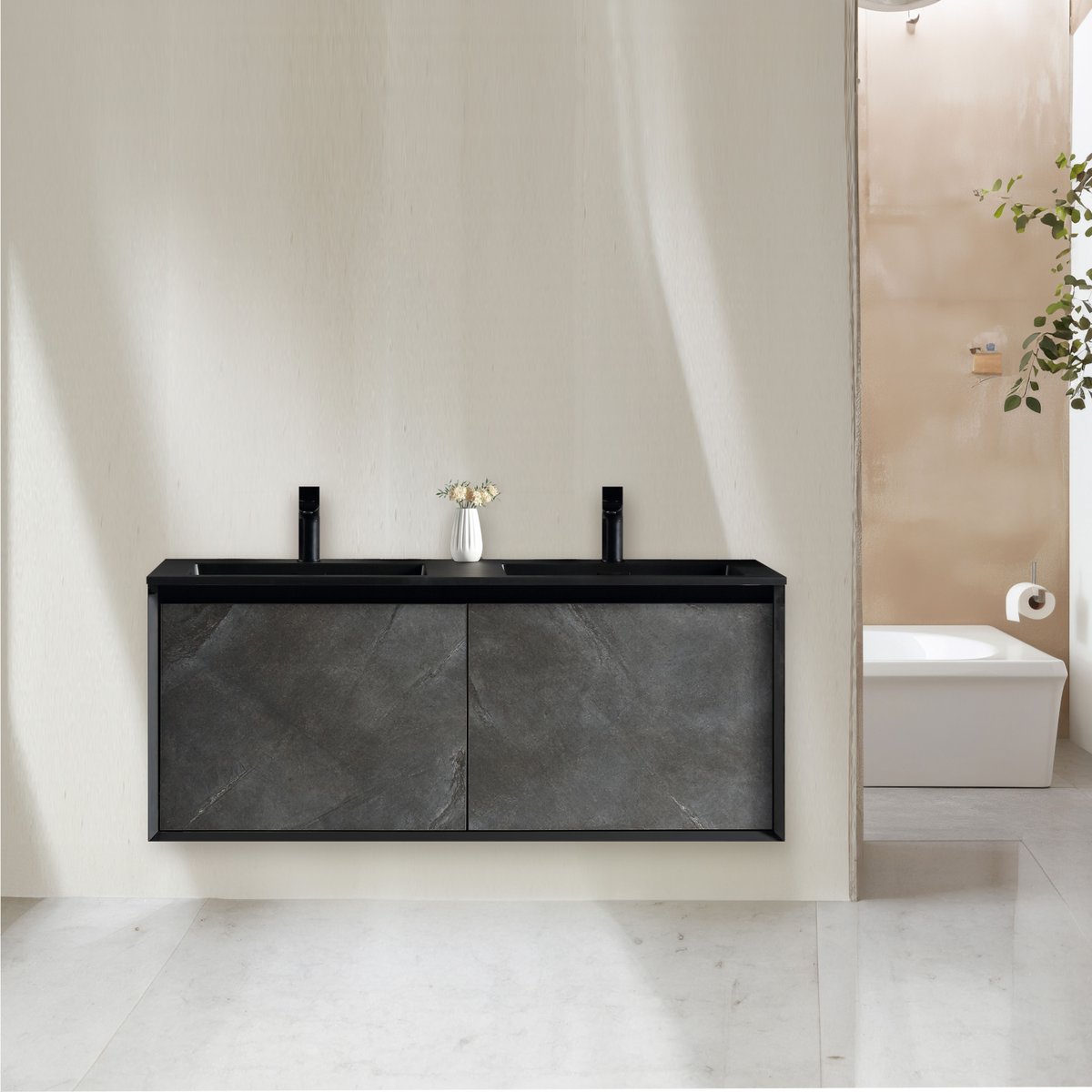 Meuble double vasque 120 cm noir effet marbre Aquasasso