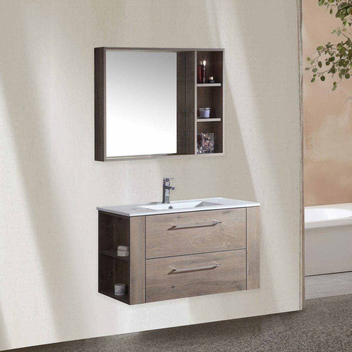 Ensemble meuble salle de bain 100 cm chêne brun Aquanoma
