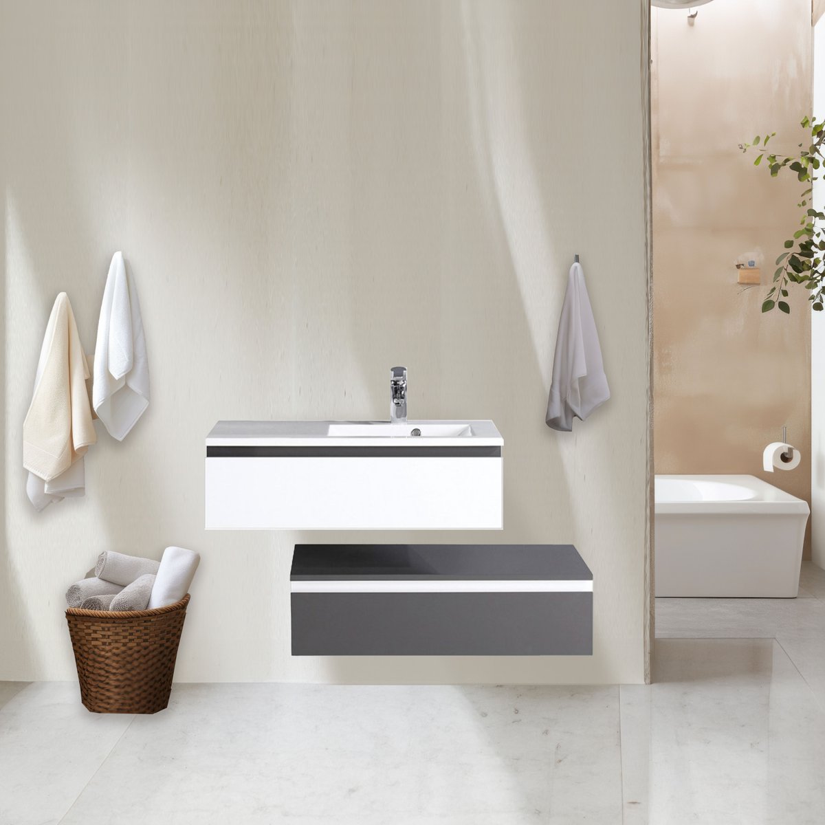 Meuble avec vasque 90 cm gris et blanc Aquamare
