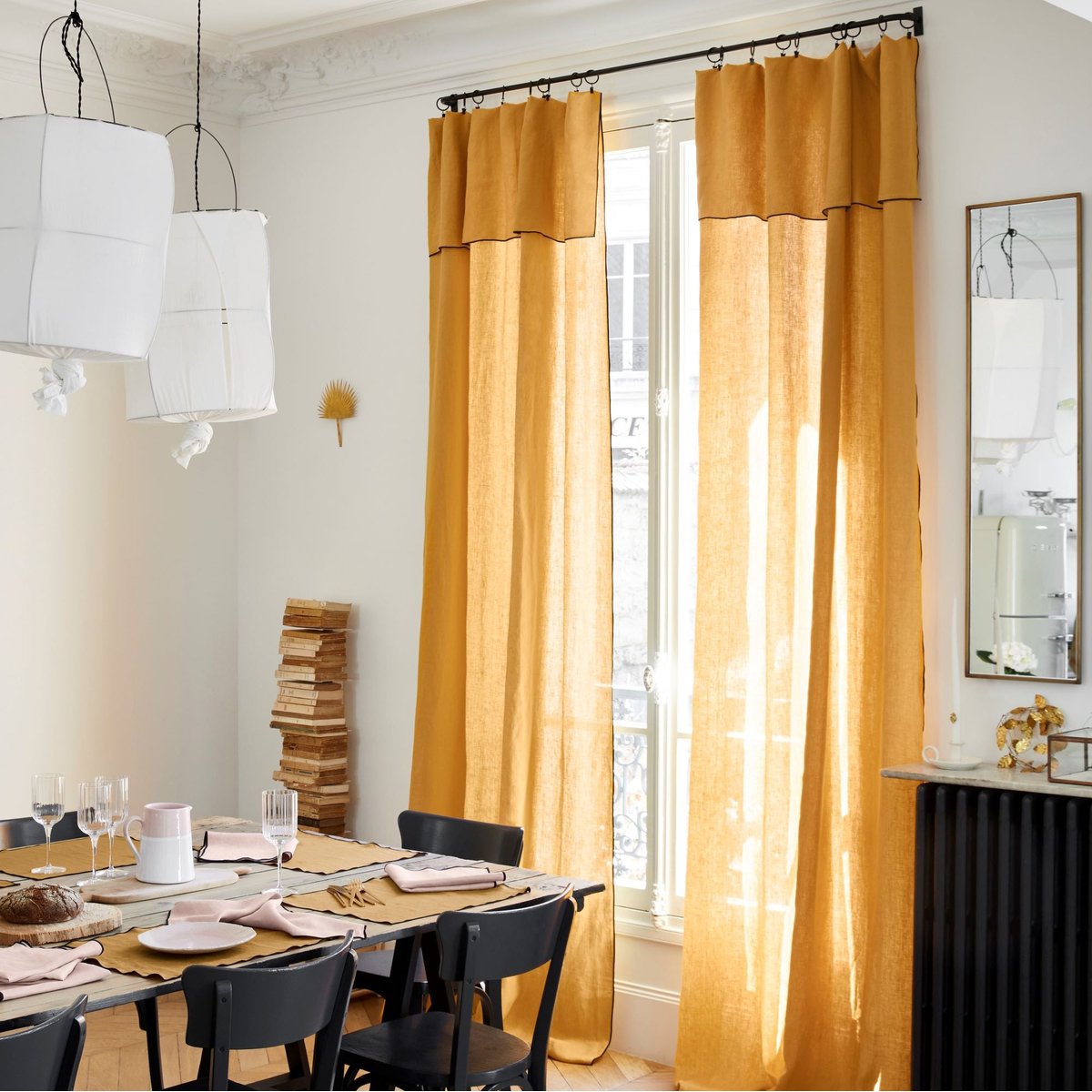 Rideau panneau CARLINA ocre et bourdon noir