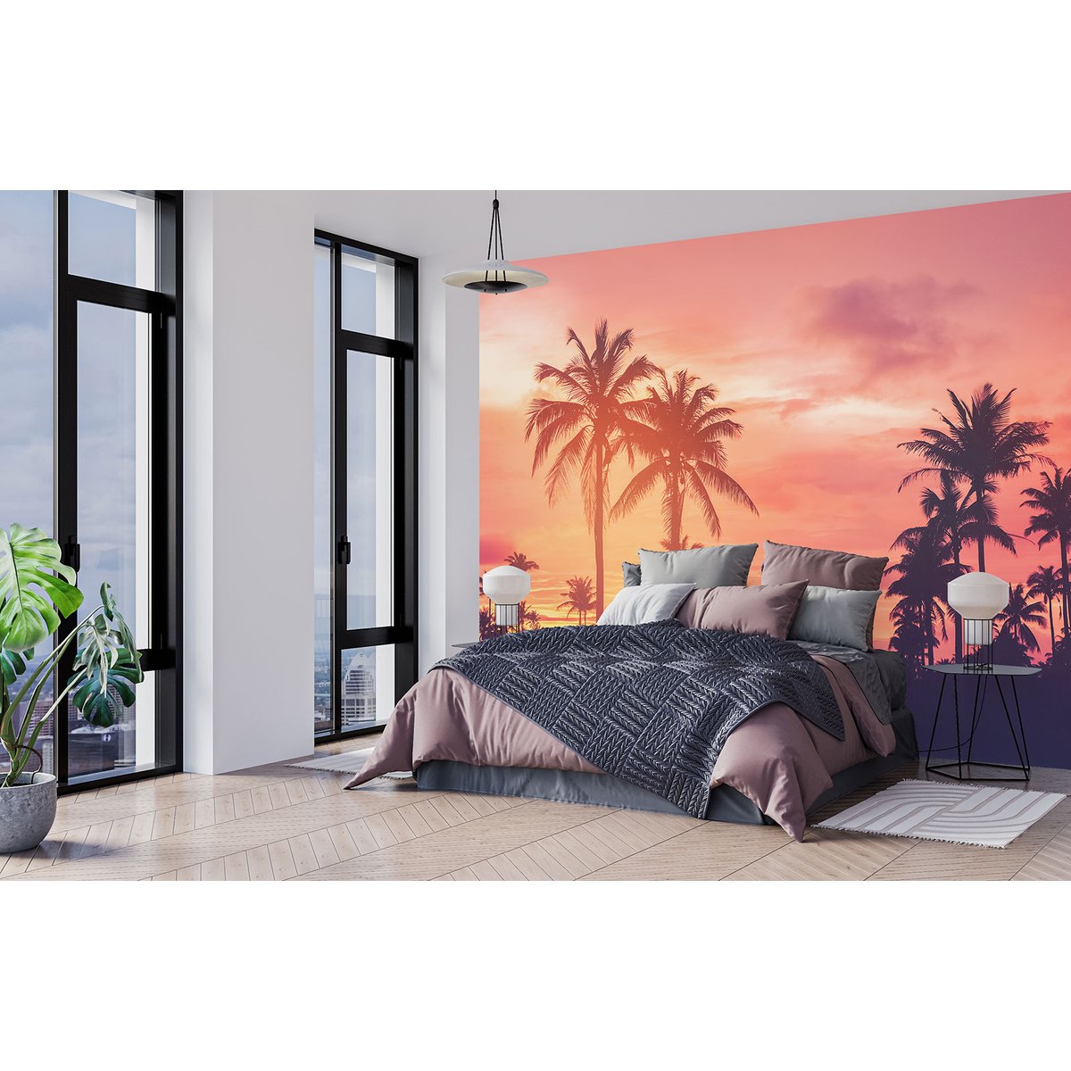 Papier peint panoramique - Palmiers Couché de Soleil