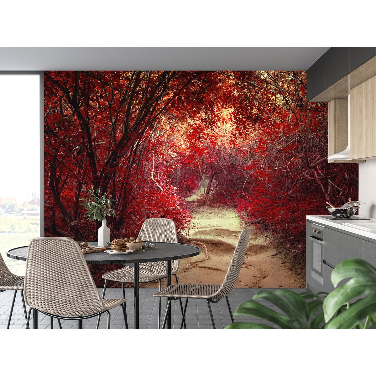 Papier peint panoramique - Chemin feuilles rouges