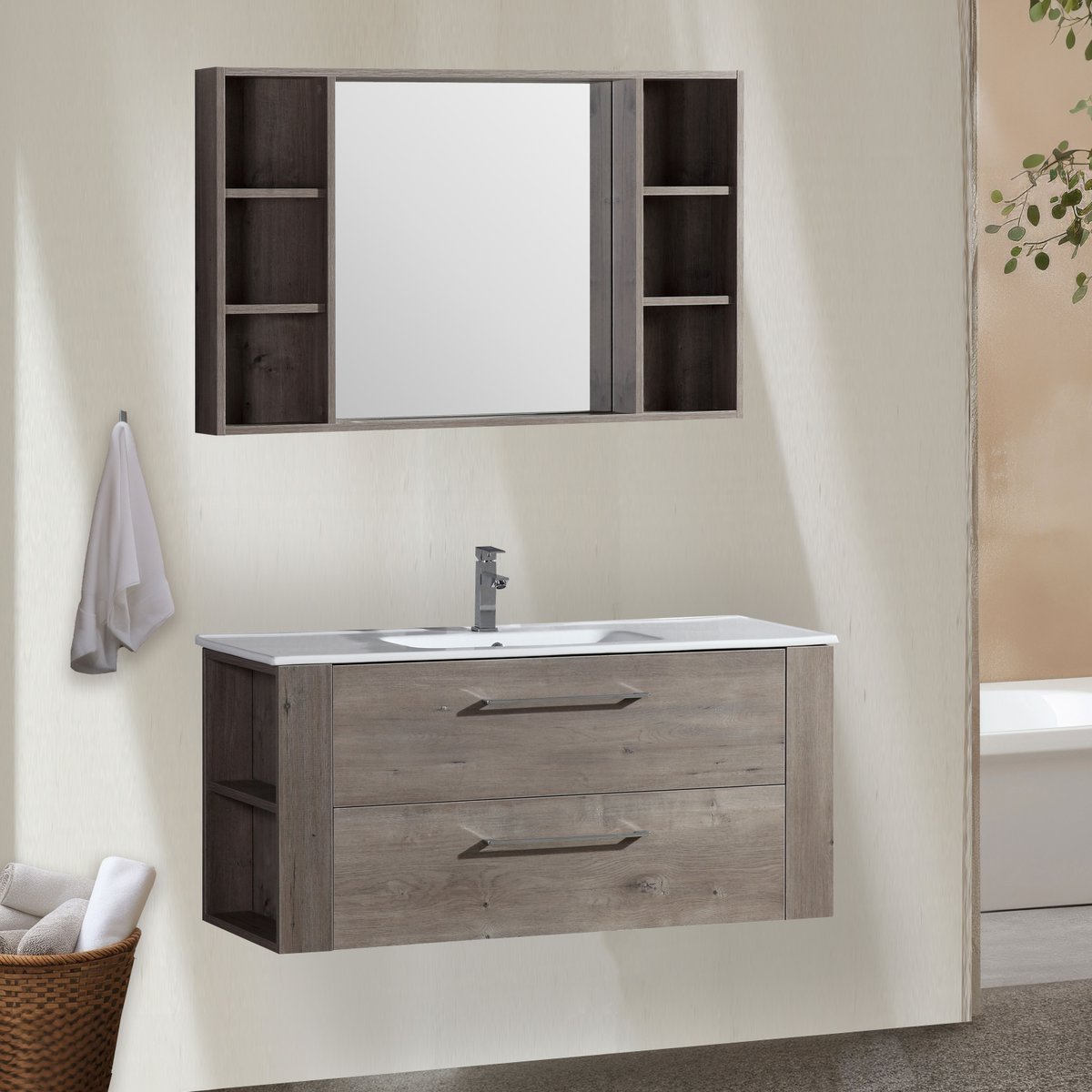 Ensemble meuble salle de bain 120 cm chêne brun Aquanoma