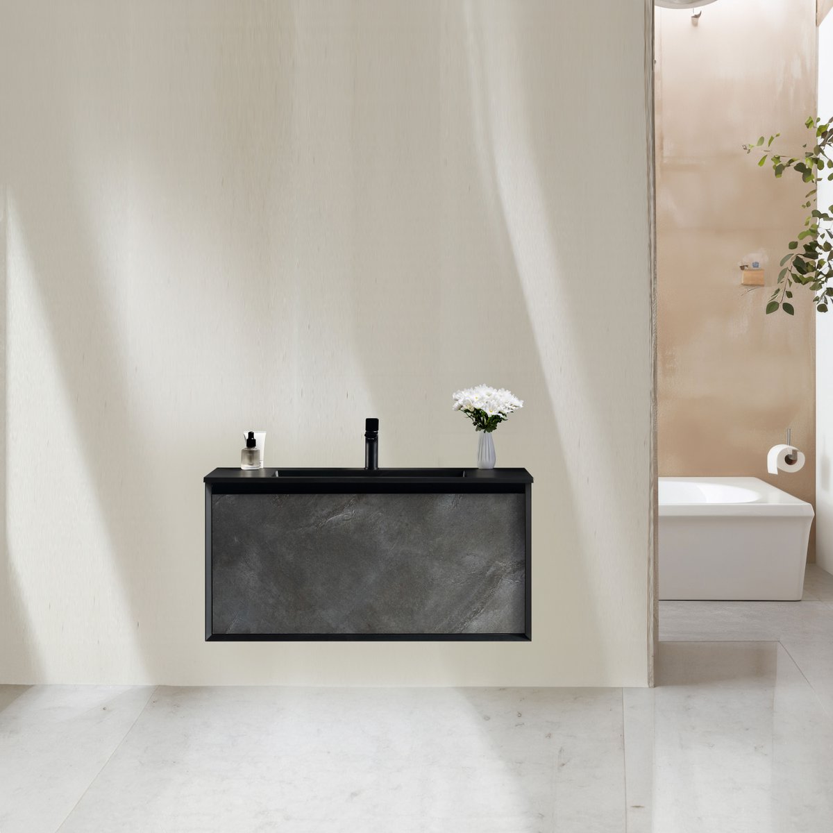 Meuble avec vasque 100 cm noir effet marbre Aquasasso