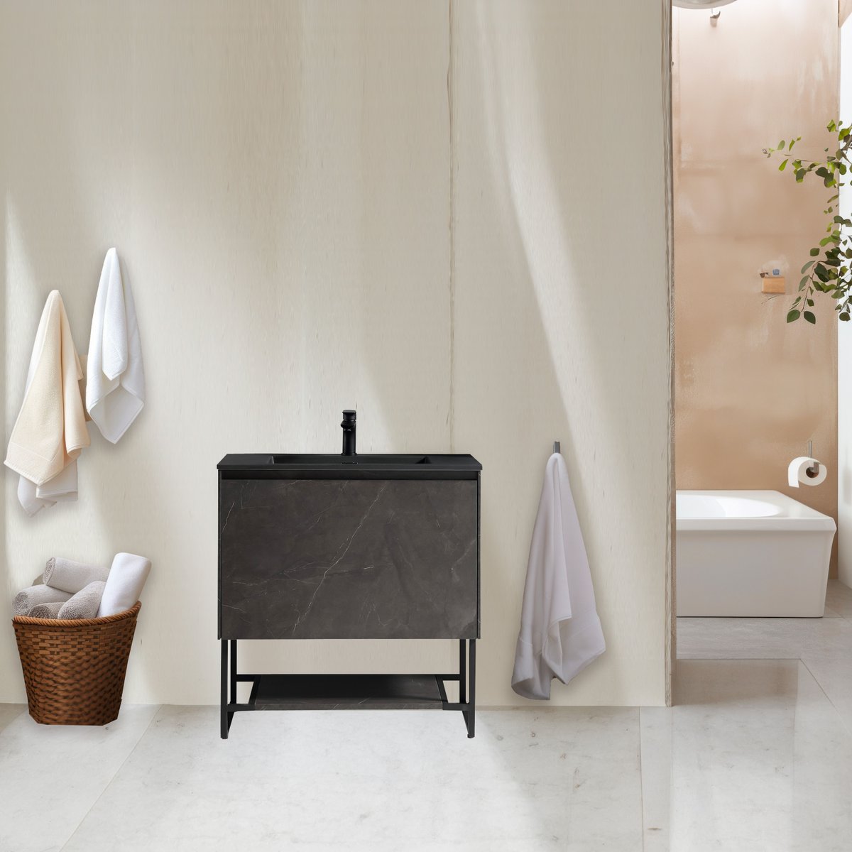 Ensemble meuble salle de bain 120 cm noir effet marbre Aquabella