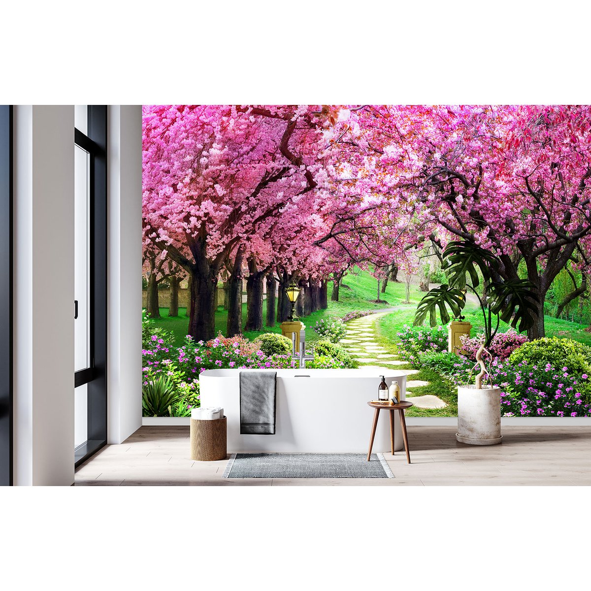Papier peint panoramique - Chemin feuilles roses