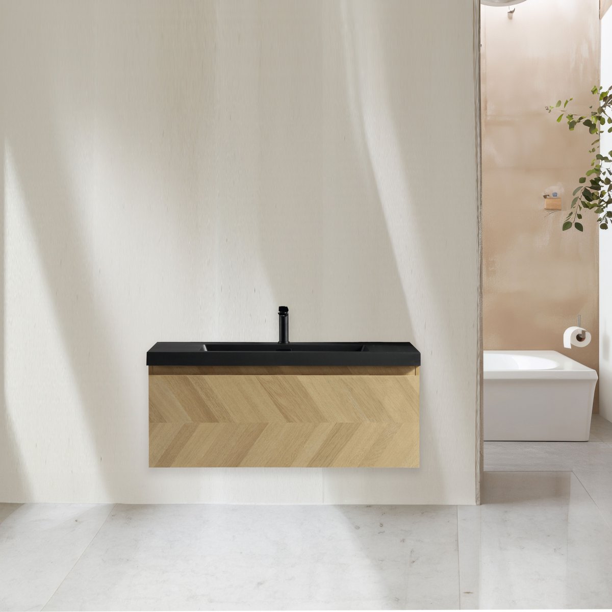 Meuble avec vasque 120 cm chevron aspect chêne Aquapunto