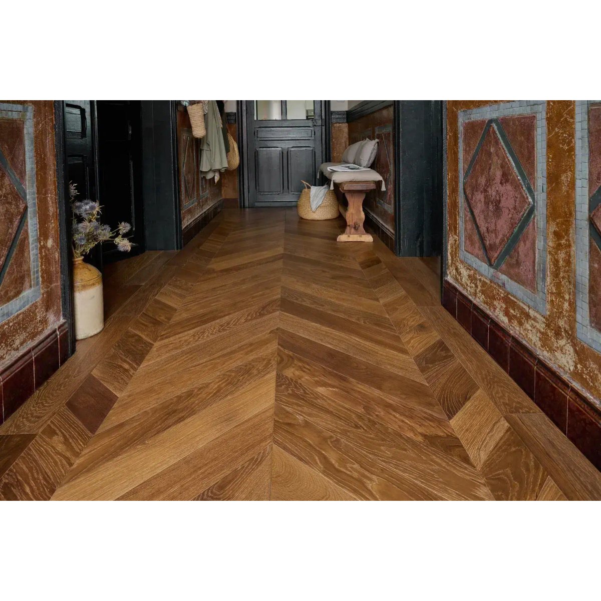 Parquet massif Point de Hongrie chêne teinte brune - Larg. 12,5 cm