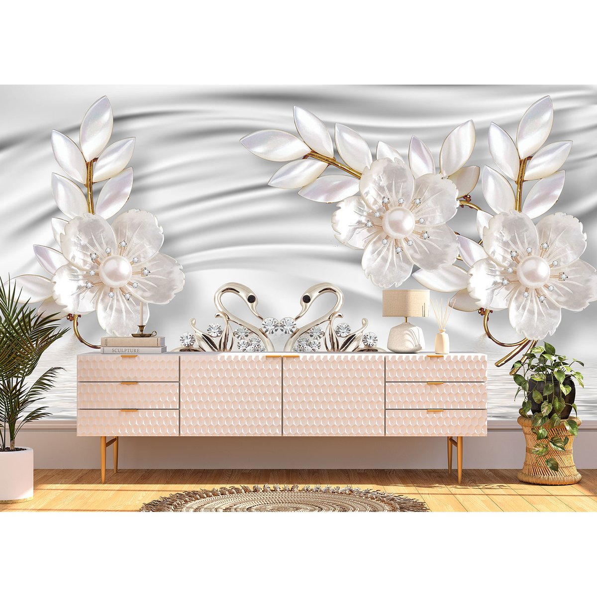 Papier peint panoramique - Fleurs nacrées Effet 3D