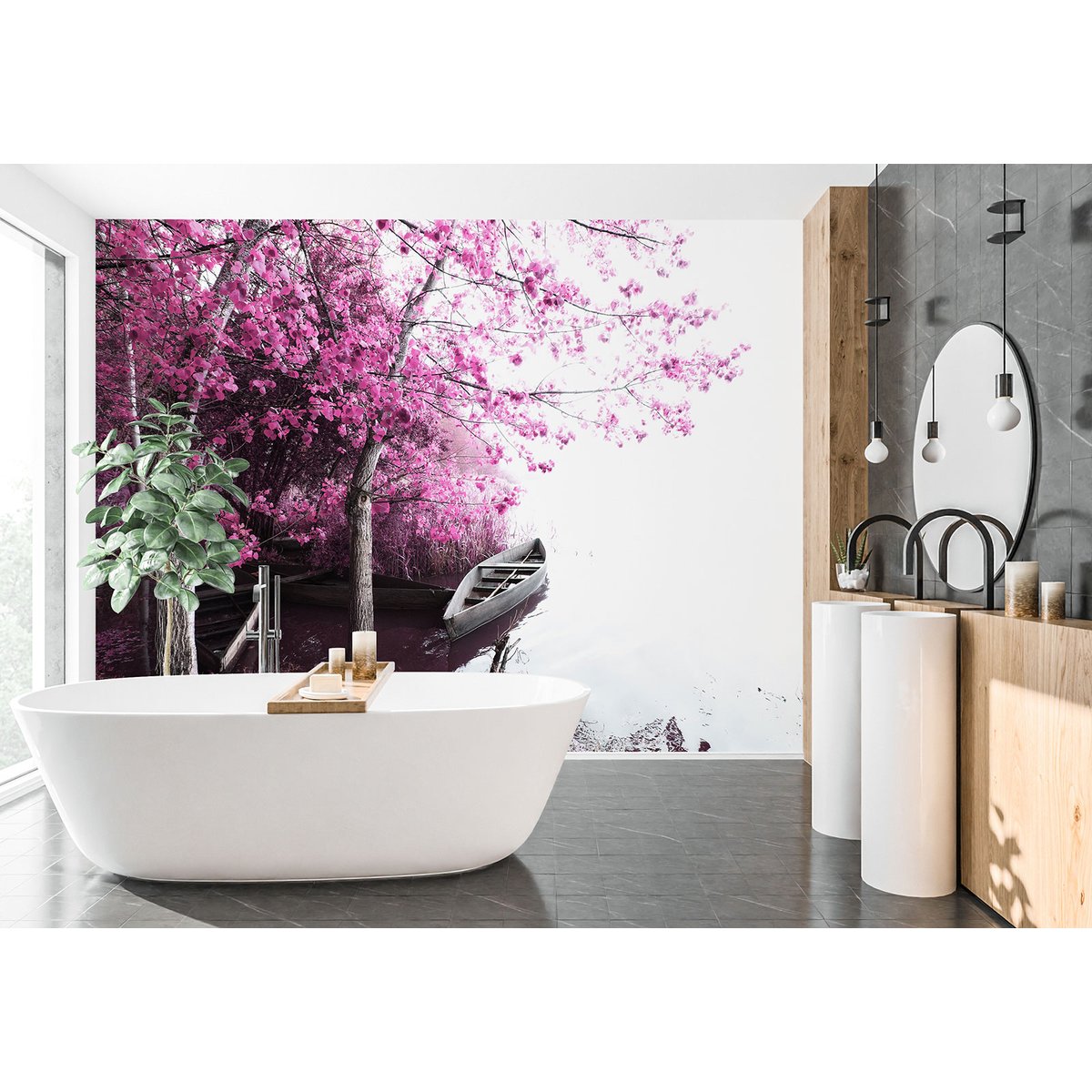 Papier peint panoramique - Bateau Fleurs roses