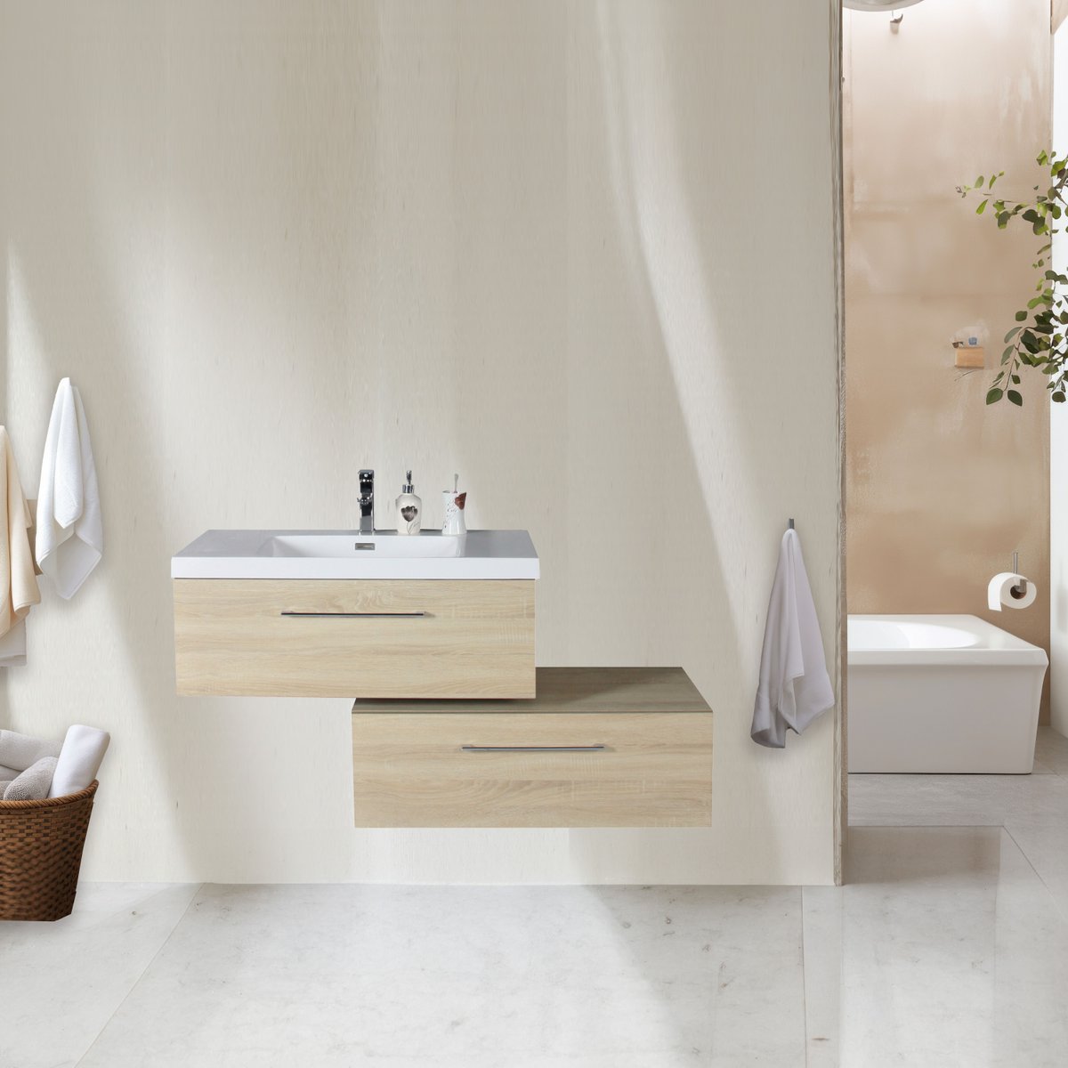 Meuble avec vasque 90 cm chêne californien naturel Aquazur