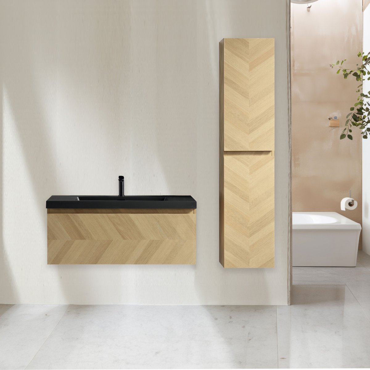 Ensemble salle de bain 100 cm chevron aspect chêne Aquapunto