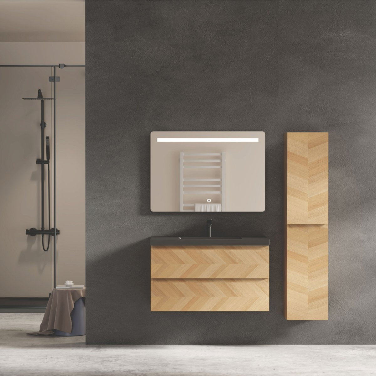 Ensemble salle de bain 120 cm chevron aspect chêne Aquapunto