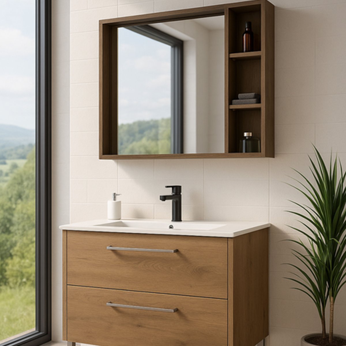 Armoire de salle de bain avec miroir chêne brun Aquanoma