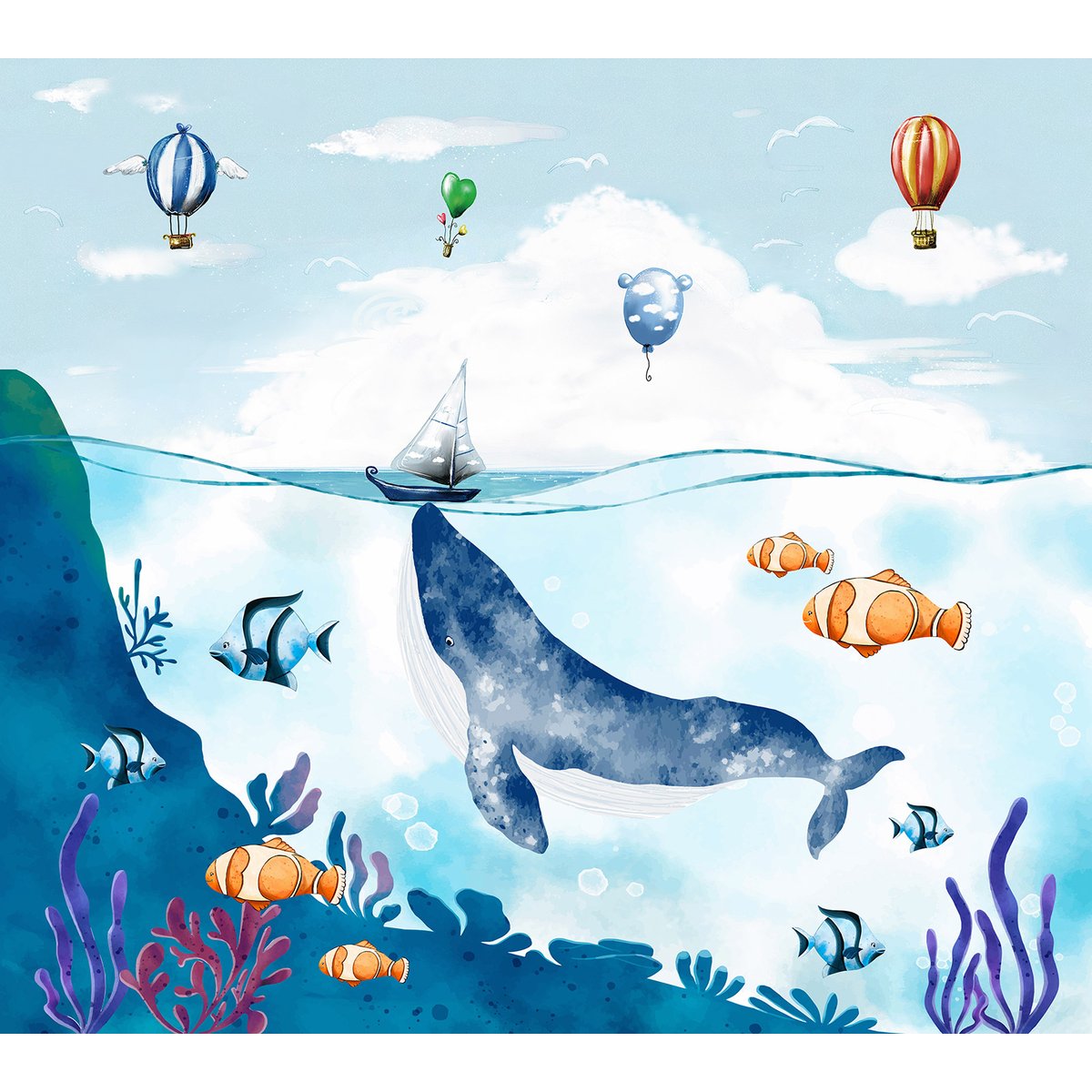 Papier peint panoramique Enfants - Océan Montgolfières