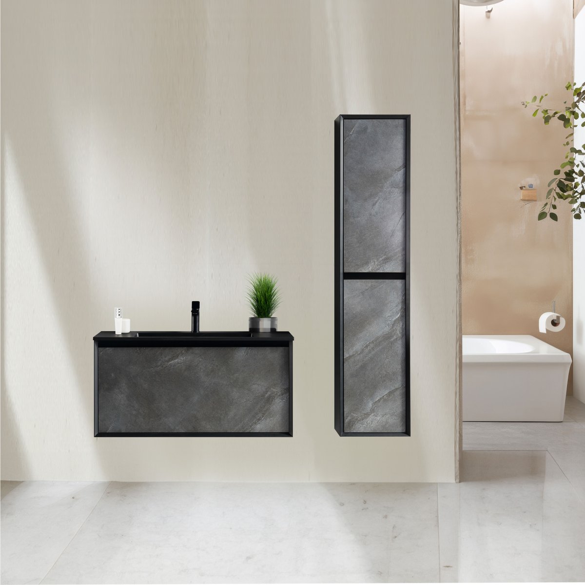 Ensemble salle de bain 100 cm noir effet marbre Aquasasso